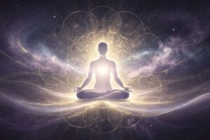 Cartas de tarot extendidas sobre una superficie oscura junto a cristales y velas encendidas para práctica meditativa.