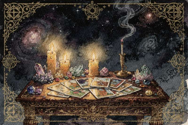 Baraja de tarot extendida sobre paño oscuro con cartas boca arriba para la lectura de la semana.