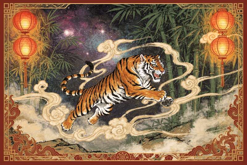 Representación del signo del tigre en la astrología china con sus características principales de fuerza y magnetismo.
