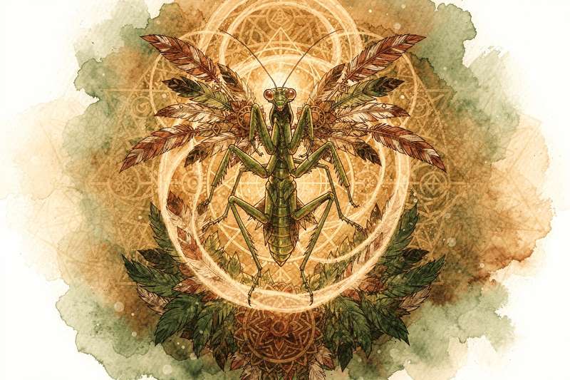 Mantis religiosa en postura de meditación con las patas delanteras juntas, simbolizando el enfoque y la intuición espiritual.
