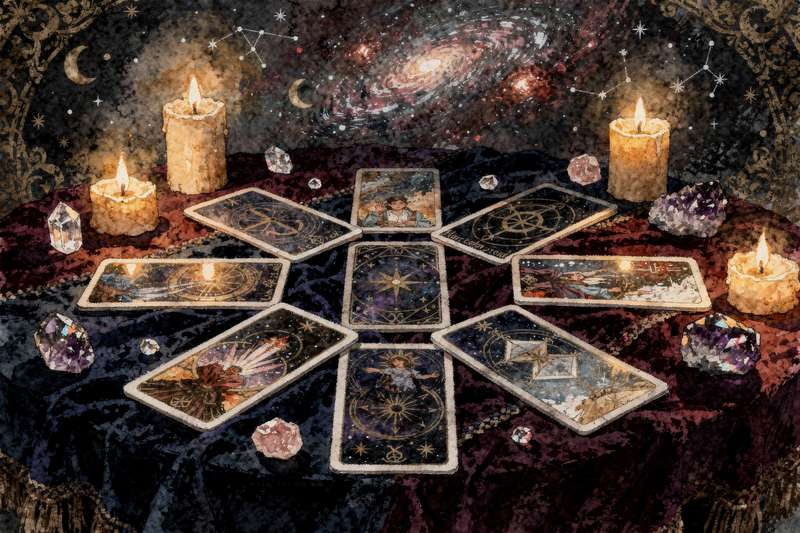 Cartas de tarot dispuestas en una tirada ritual para transformar pensamientos restrictivos y bloqueos mentales.