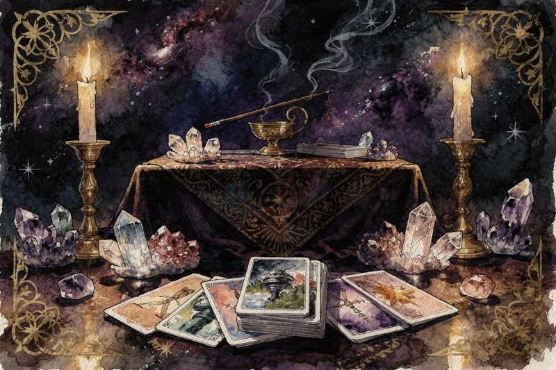Baraja de tarot sobre una mesa de madera con cartas dispuestas en patrón de tirada para realizar una lectura responsable.