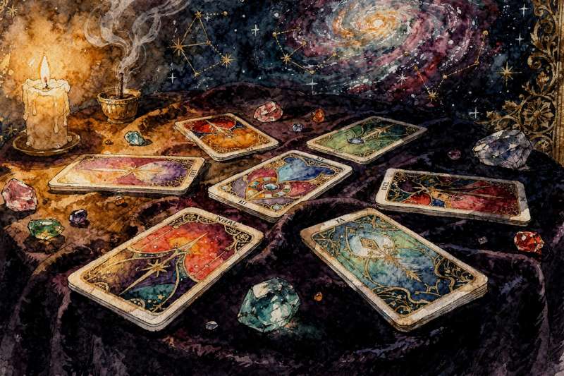 Cartas de tarot dispuestas en círculo sobre una superficie oscura con velas encendidas alrededor.