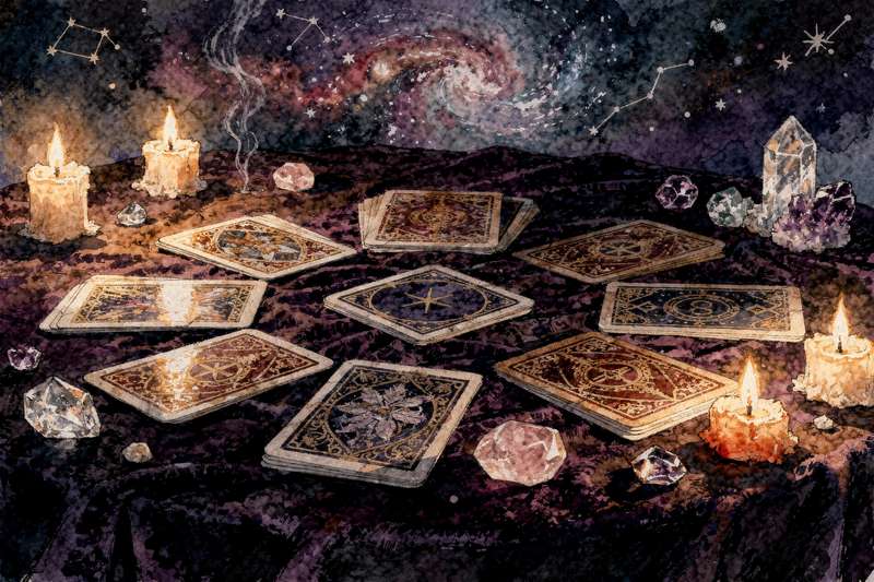 Cartas del tarot dispuestas en círculo sobre superficie oscura para una tirada especial de invierno.