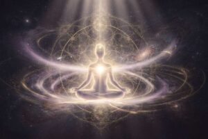 Mujer en posición de meditación profunda durante una sesión de práctica espiritual y mindfulness.