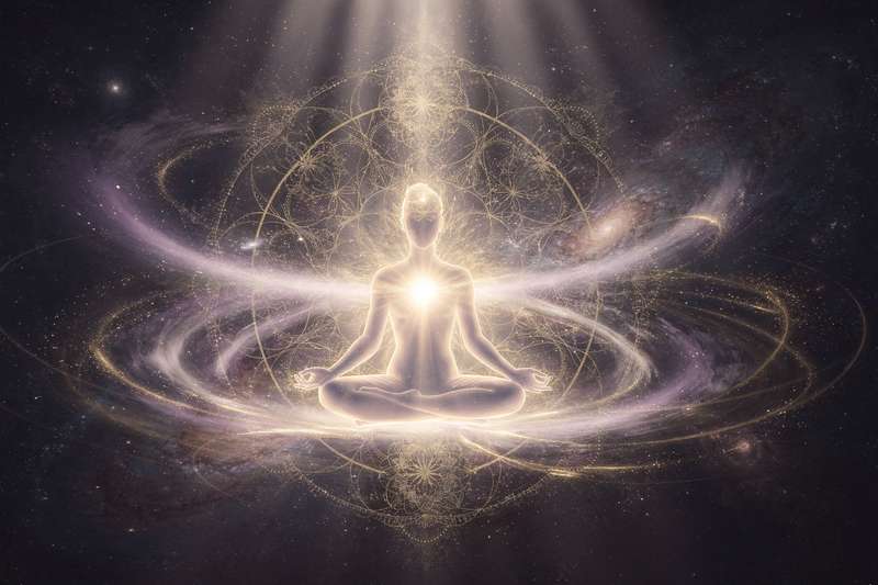 Mujer en posición de meditación profunda durante una sesión de práctica espiritual y mindfulness.