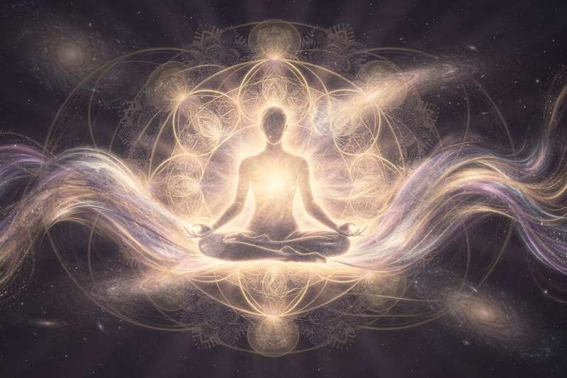 Persona en actitud meditativa rodeada de luz dorada que simboliza la manifestación de intenciones y propósitos personales.
