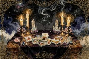 Interpretación de cartas del tarot durante la época ariesiana, mostrando arcanos que revelan energía y transformación primaveral.