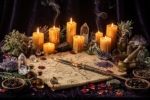 Representación simbólica de un ritual de magia con cuerdas, velas encendidas y elementos naturales dispuestos para realizar un...