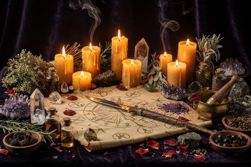 Representación simbólica de un ritual de magia con cuerdas, velas encendidas y elementos naturales dispuestos para realizar un...