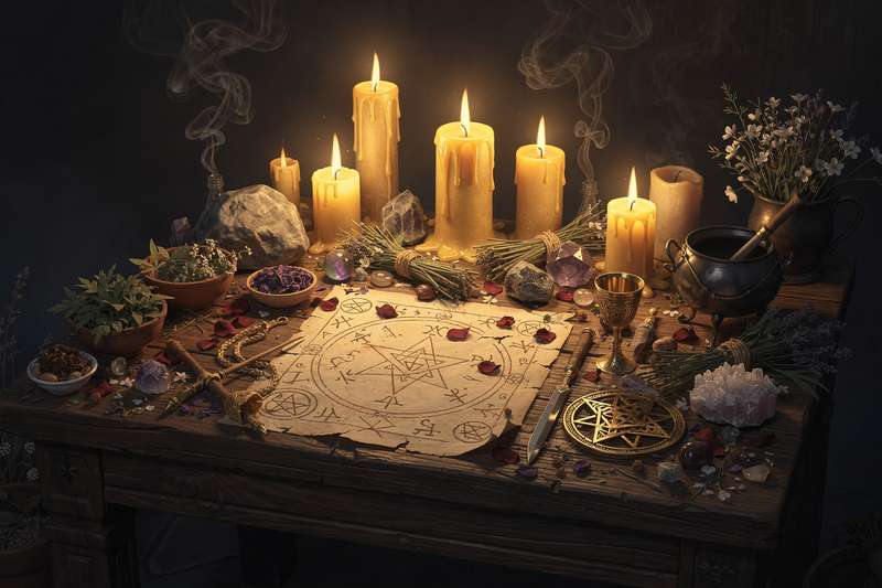 Ingredientes y velas dispuestos sobre un altar para un ritual de brujería que fortalece las conexiones personales y sociales.