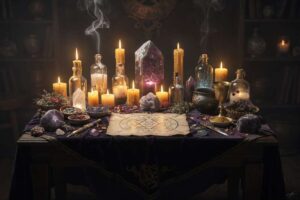 Altar preparado con velas, cristales y hierbas para rituales de sueño lúcido y trabajo onírico.