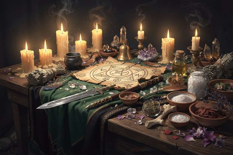Caldero de hierro negro sobre superficie oscura rodeado de velas encendidas y hierbas aromáticas para rituales.
