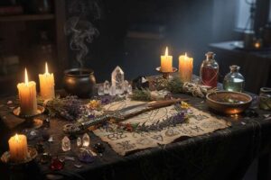 Frasco de cristal enterrado en tierra con hierbas secas y objetos mágicos para ritual de protección del hogar.