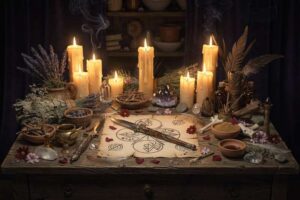 Mujer realizando un ritual tradicional con hierbas y velas en un altar decorado con elementos naturales.