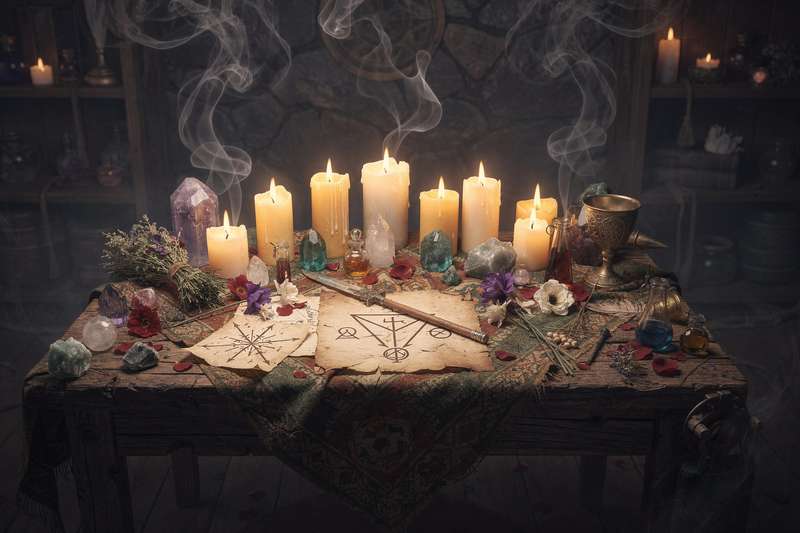 Altar decorado con símbolos celtas, velas encendidas y hierbas rituales para prácticas de brujería moderna.
