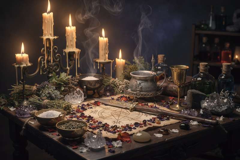 Ingredientes naturales y hierbas aromáticas dispuestos junto a una olla de cocción lenta para preparar pociones y bebidas mágicas.