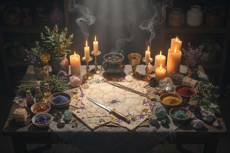 Cristal de cuarzo transparente con forma de vela junto a elementos de brujería para rituales de manifestación y magia.
