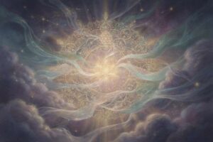 Antiguos símbolos y rituales místicos fusionados con elementos contemporáneos para la práctica espiritual actual.