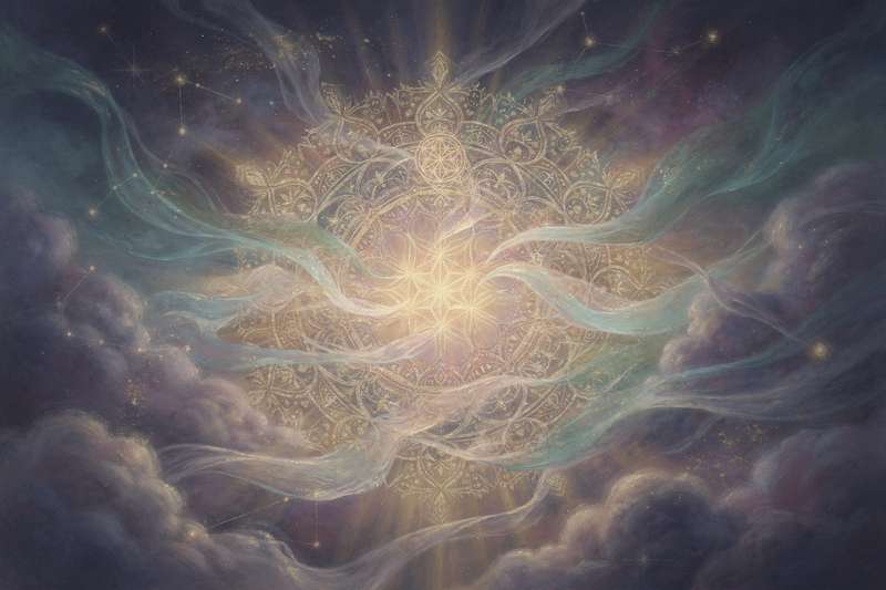 Antiguos símbolos y rituales místicos fusionados con elementos contemporáneos para la práctica espiritual actual.
