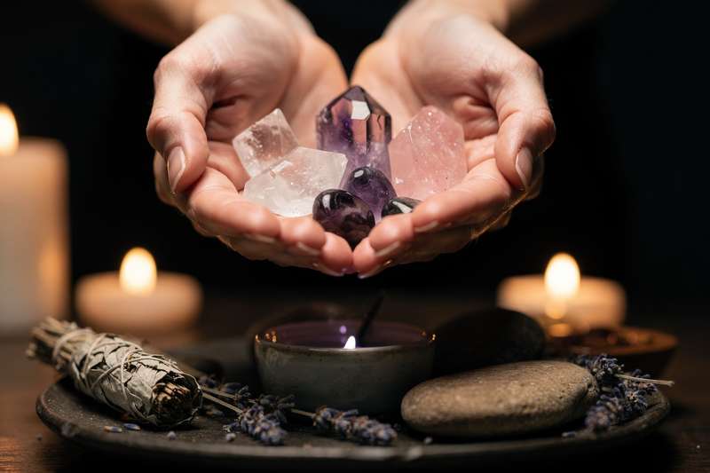 Rosa de cuarzo acompañada de otros cristales sanadores dispuestos en altar para trabajar la sanación emocional.