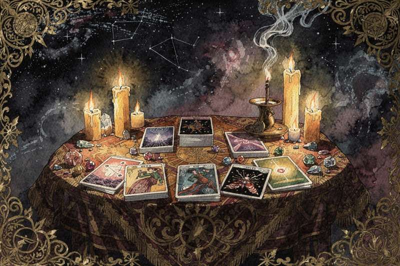 Baraja de tarot desplegada sobre tela morada para interpretar conflictos en relaciones personales.