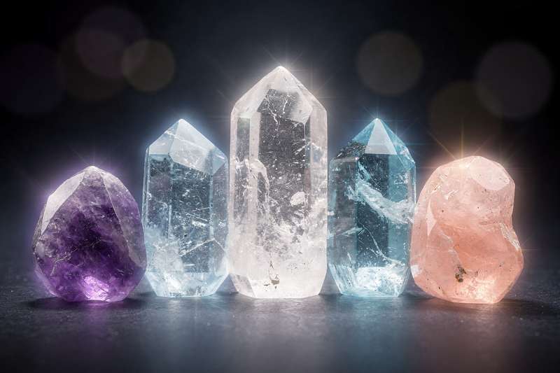 Cuatro gemas naturales dispuestas mostrando sus colores y texturas características para explorar sus usos energéticos y...