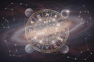 Rueda zodiacal con los doce signos astrológicos distribuidos en círculo alrededor del sol.