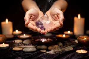 Piedras naturales de cuarzo rosa y amatista colocadas sobre una tela blanca para sanar el duelo emocional y fortalecer el corazón.