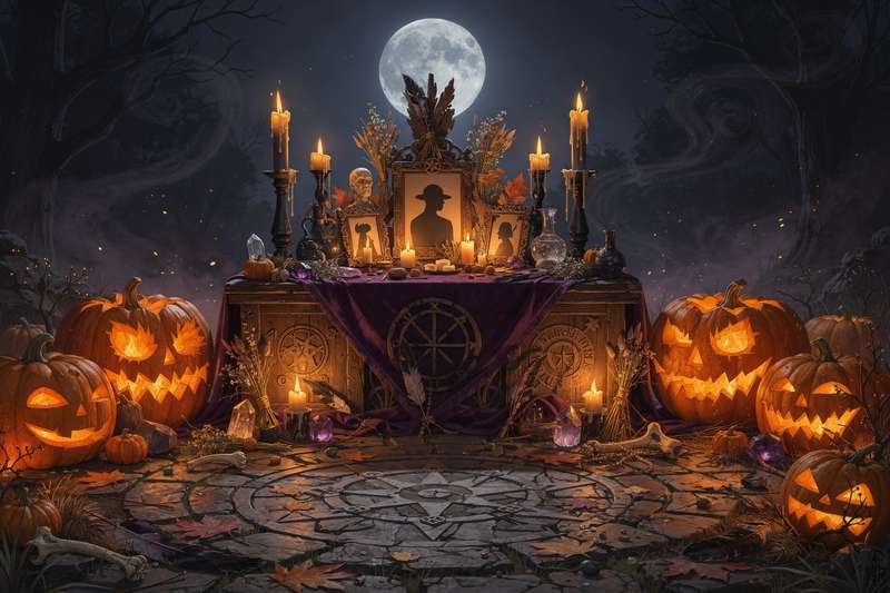 Celebración de Samhain con velas encendidas, símbolos celtas y decoraciones tradicionales de la festividad pagana.