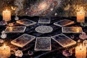 Baraja de tarot extendida sobre una superficie de madera con luz natural matinal de fondo.