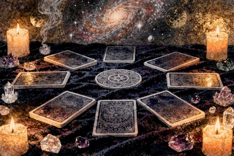 Baraja de tarot extendida sobre una superficie de madera con luz natural matinal de fondo.
