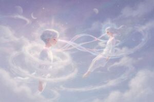 Persona dormida con símbolos de conexión y pensamientos flotando en el aire durante la noche.