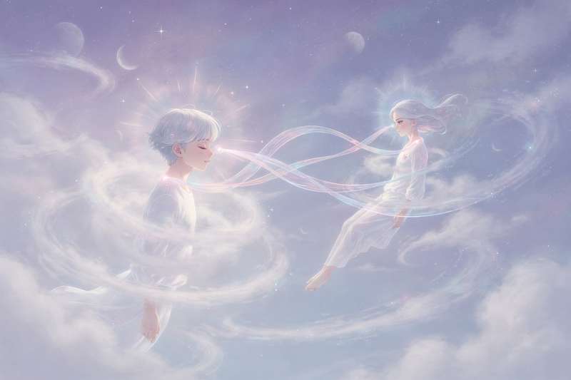 Persona dormida con símbolos de conexión y pensamientos flotando en el aire durante la noche.