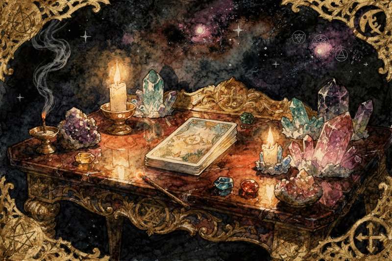 Mazo de tarot sobre musgo verde con velas encendidas durante una lectura al aire libre bajo luz natural.