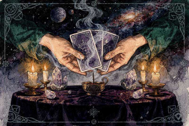 Lector de tarot realizando una tirada de cartas para ofrecer orientación espiritual a un cliente.