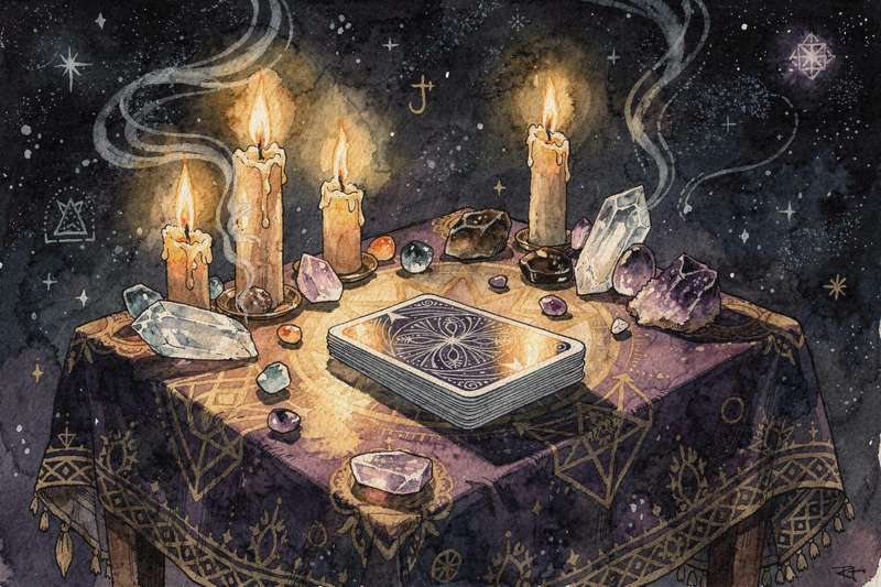 Lector de tarot sosteniendo cartas mientras interpreta su significado profundo en una sesión de consulta espiritual.