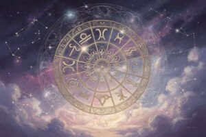Configuración astral de abril con planetas en movimiento que simbolizan transformación y crecimiento personal durante el mes.