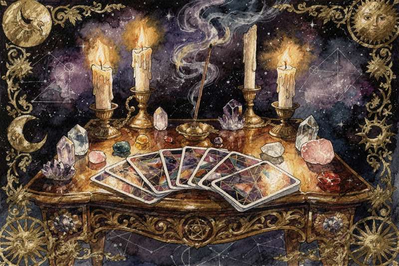 Baraja de tarot extendida sobre mesa oscura mostrando cartas del arcano mayor con símbolos de destino.