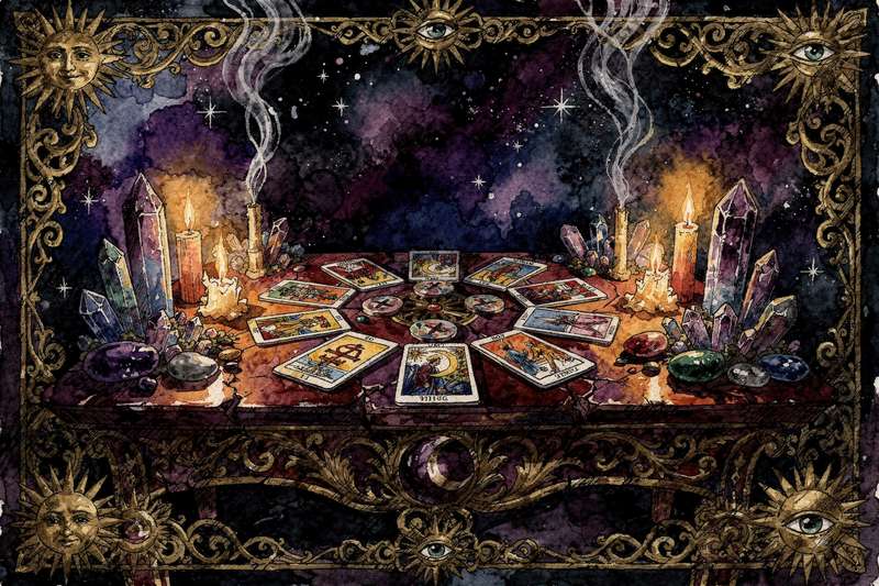 Baraja de tarot moderna con cartas coloridas dispuestas en círculo que representan el viaje de autoconocimiento y reflexión...
