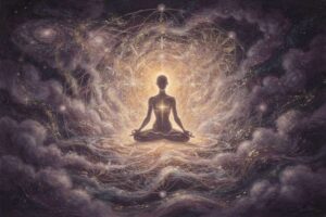 Mujer meditando en posición de loto rodeada de luz dorada para elevar su vibración energética.