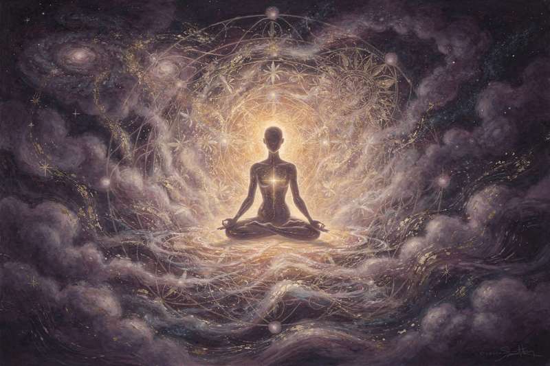 Mujer meditando en posición de loto rodeada de luz dorada para elevar su vibración energética.