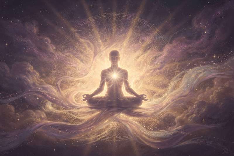 Persona meditando en la cama durante la noche con luz tenue, mostrando la conexión entre sueño y bienestar mental.