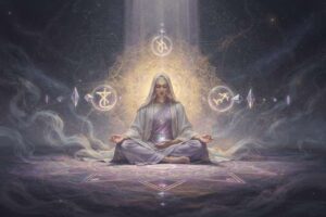 Antigua sacerdotisa nórdica realizando rituales de magia con runas y símbolos ancestrales grabados en piedra.