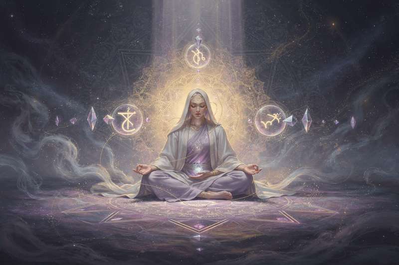 Antigua sacerdotisa nórdica realizando rituales de magia con runas y símbolos ancestrales grabados en piedra.