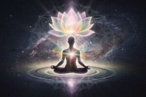 Mujer meditando en posición de loto experimentando transformación energética y conexión espiritual profunda.