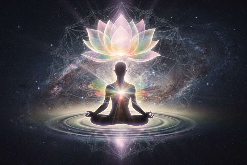 Mujer meditando en posición de loto experimentando transformación energética y conexión espiritual profunda.