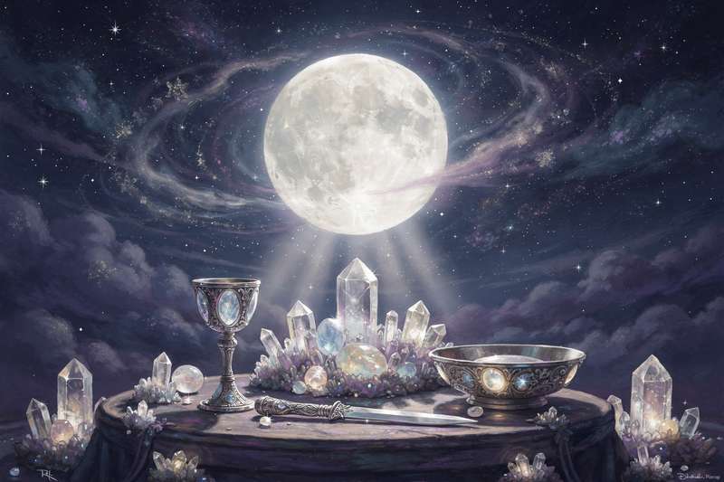 Representación simbólica de las fases lunares con energía cósmica rodeando cada ciclo lunar.