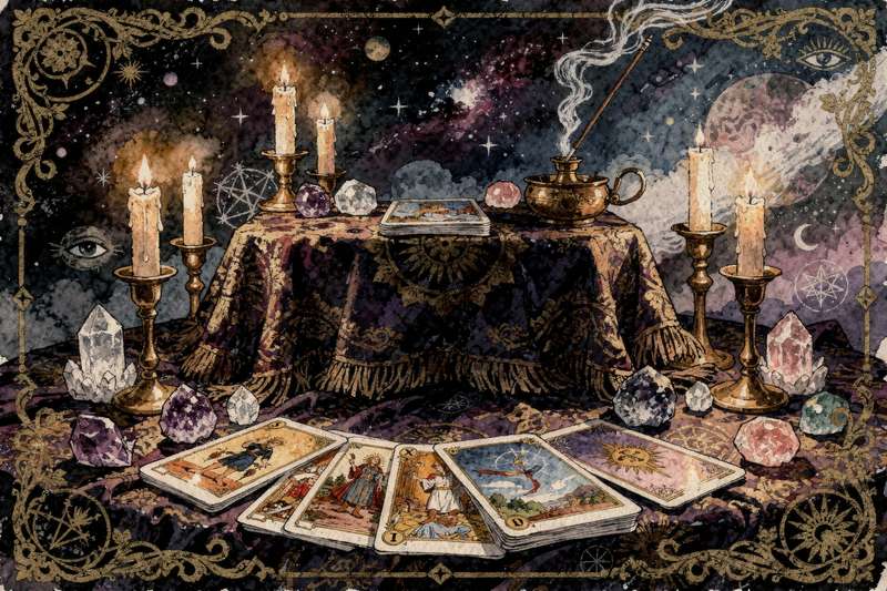 Las cartas del tarot desplegadas en una tirada para revelar mensajes y significados ocultos.