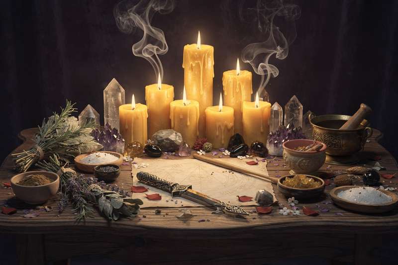 Altar decorado con velas, flores secas y frutas de otoño para un ritual de gratitud durante las celebraciones de Acción de...